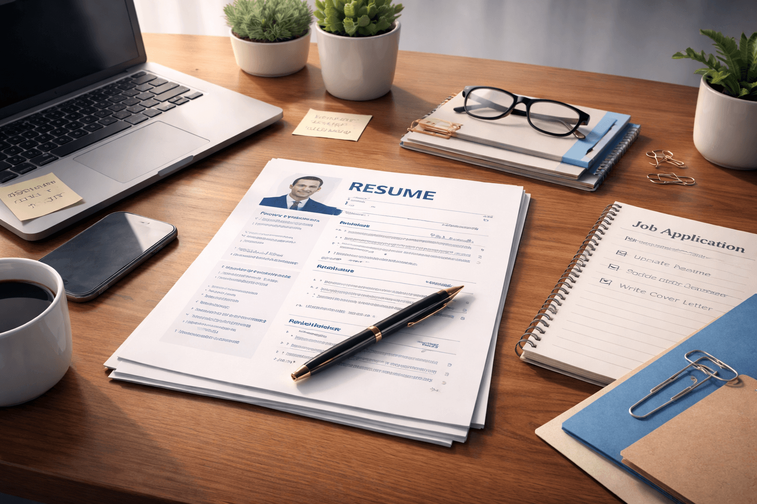 Professional workspace with resume documents, a laptop, and application materials arranged on a desk.