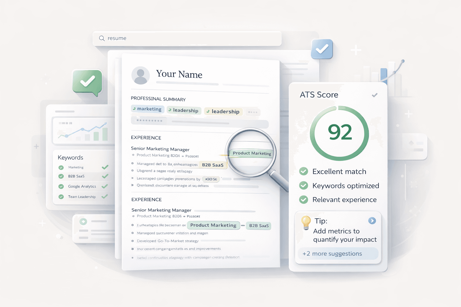 Resume document on screen with ATS-style keyword and structure analysis overlays.