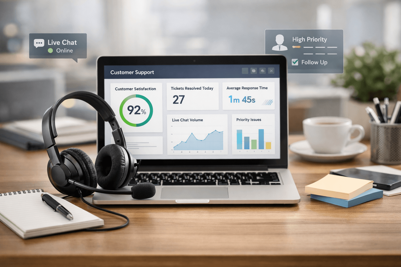 Customer support workspace with headset, laptop, notes, and a clean service dashboard setup.