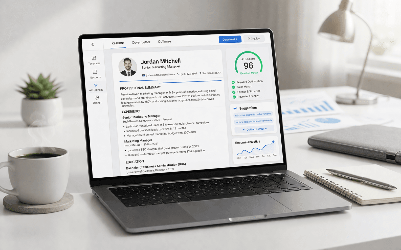 Professional AI resume builder workspace with a polished resume on screen.