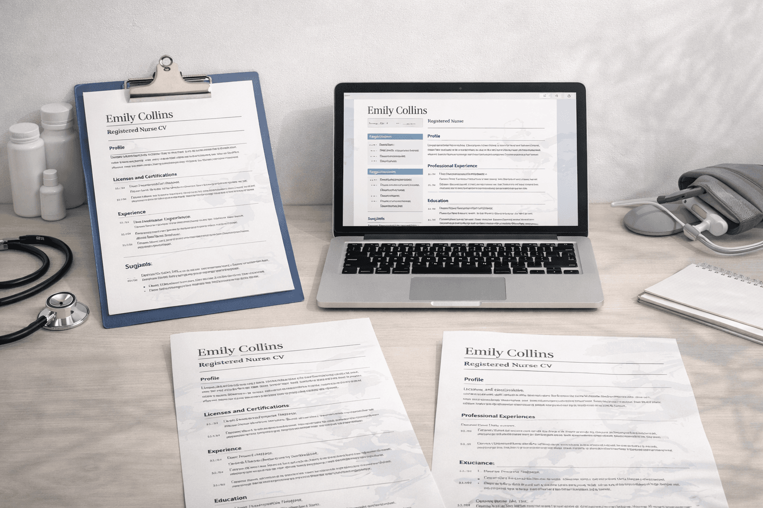 Clean healthcare workspace with a laptop, clipboard, and professional nursing resume materials.