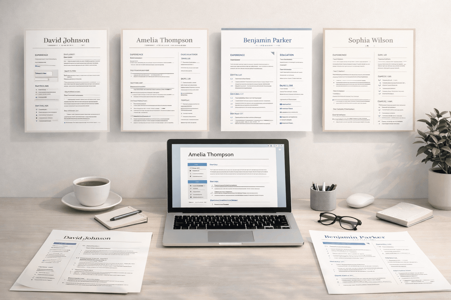 Multiple elegant resume template previews shown on a laptop and as printed documents.