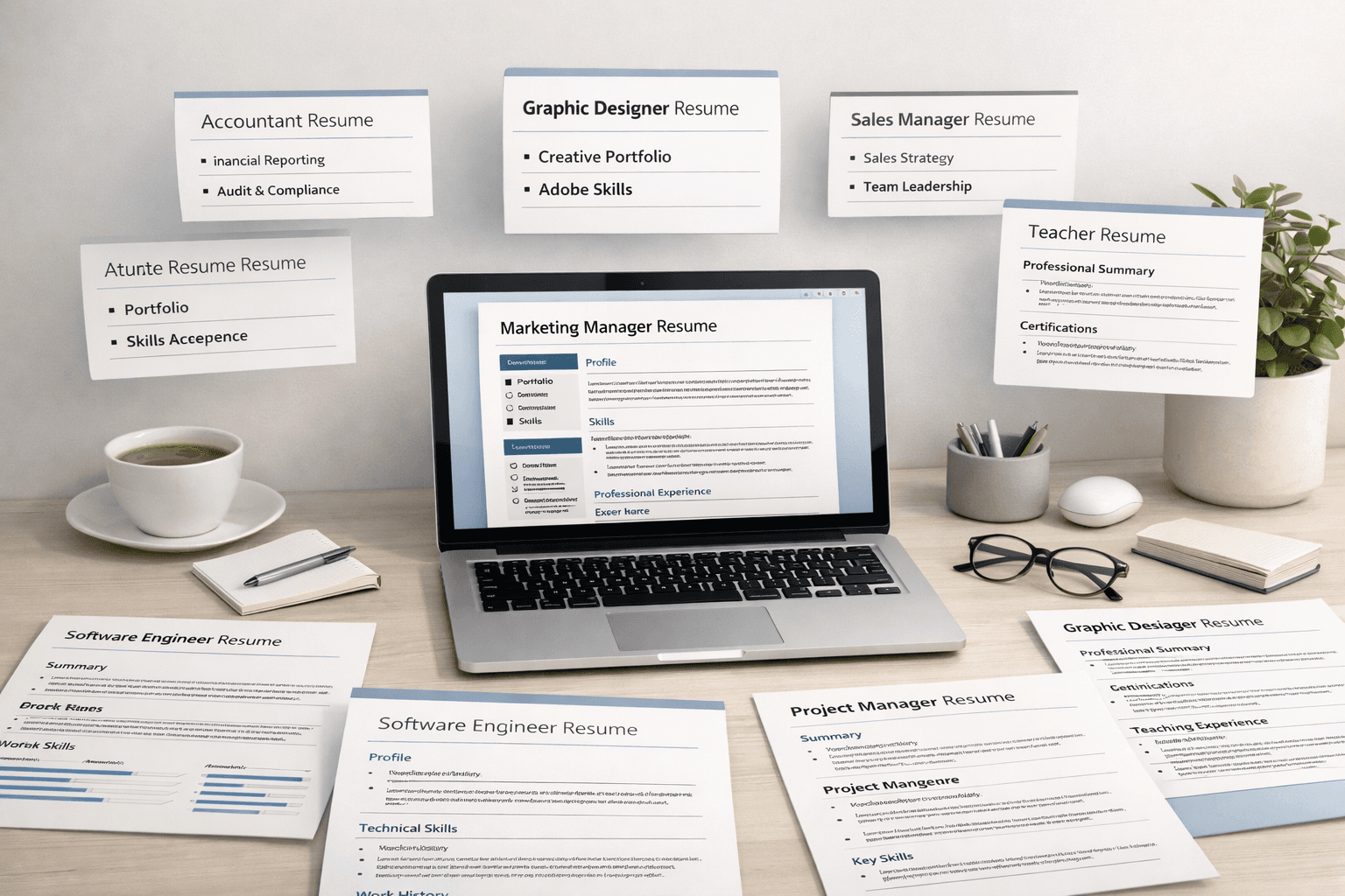 Resume layouts displayed across a digital workspace with multiple role-specific document previews.